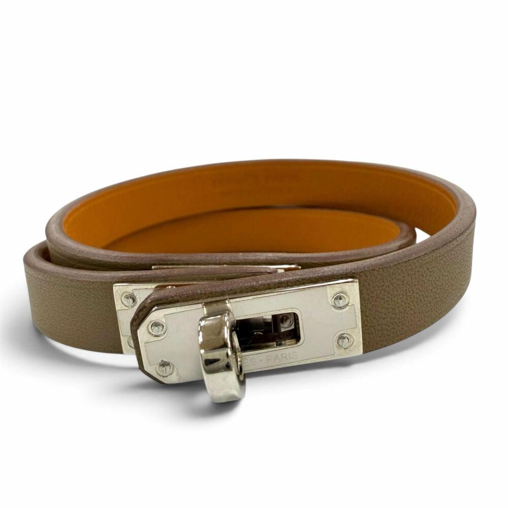 HERMES Gray Leather Charm Bracelet
